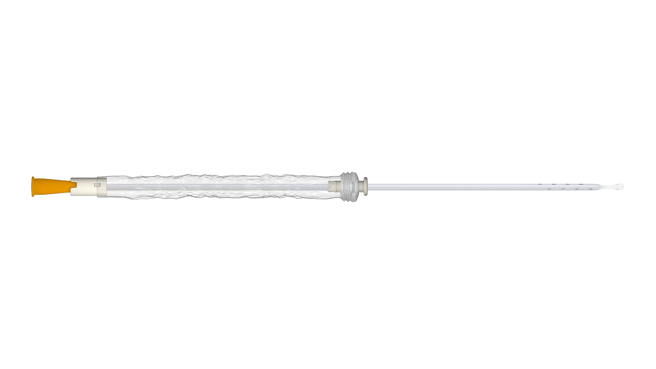 LoFric Origo Pro product image in 16:9 for the website, showing the catheter taken out of the packaging and with the protective sleeve pulled half way down.